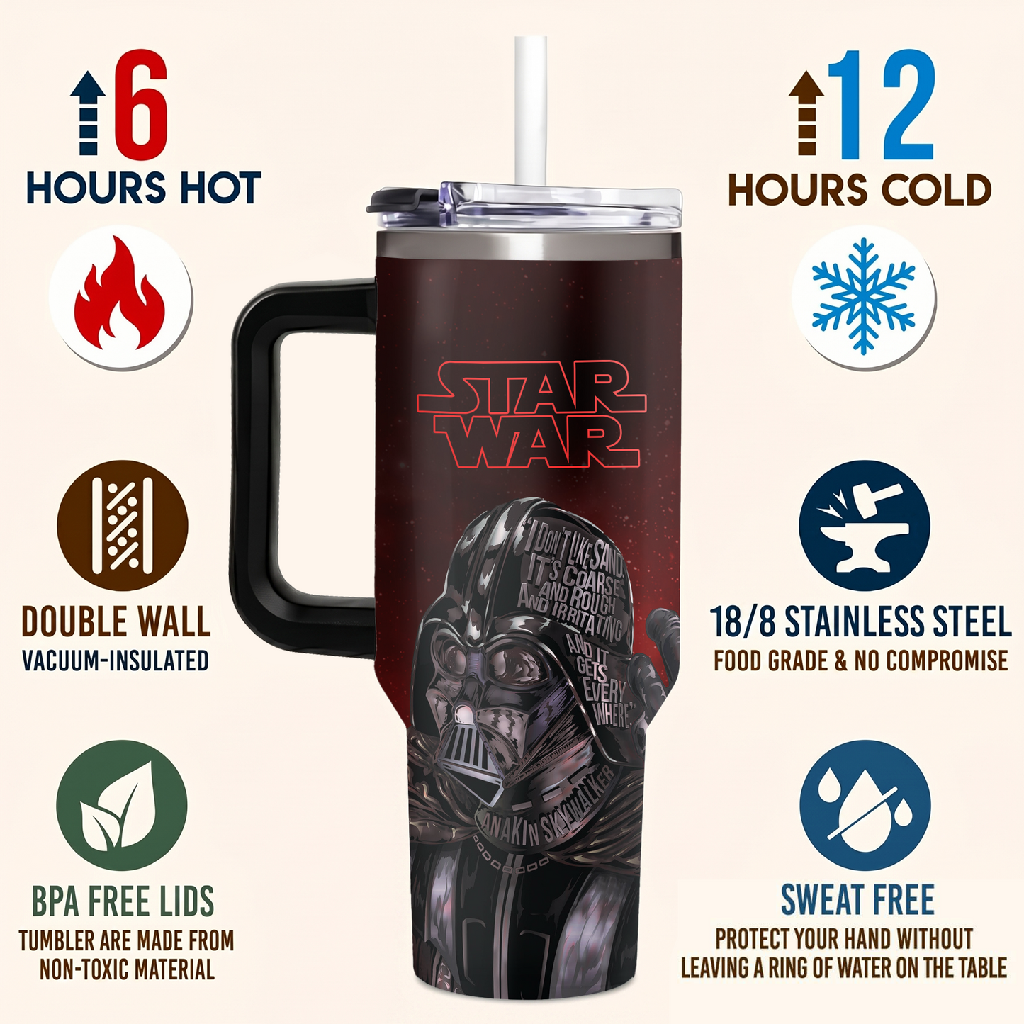 Darth Vader Star Wars 40oz Insulated Tumbler with Handle | Stainless Steel Travel Mug for Dark Side Fans
